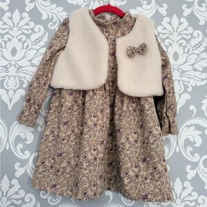 Girls Corduroy Flounce Sleeve Floral Dress & Vest Set